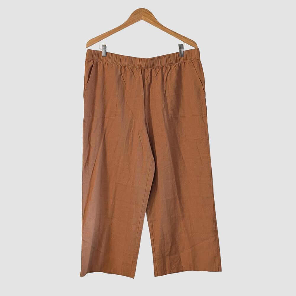 Felina Linen Cotton Wide Leg Pull On Pants XL Brown Elastic Waist Coastal Beach